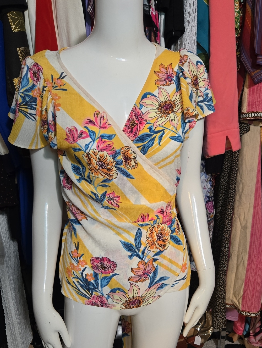 Flying Tomato Yellow Floral Wrap Top with Blue and Pink Accents